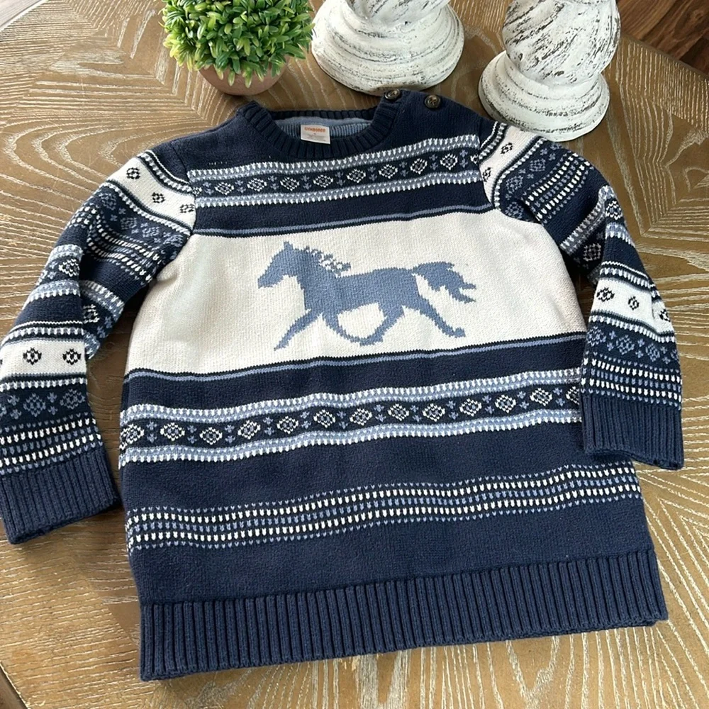 Boys Country Blue Western Cowboy Wold Horse Crewneck Gymboree Sweater size 6